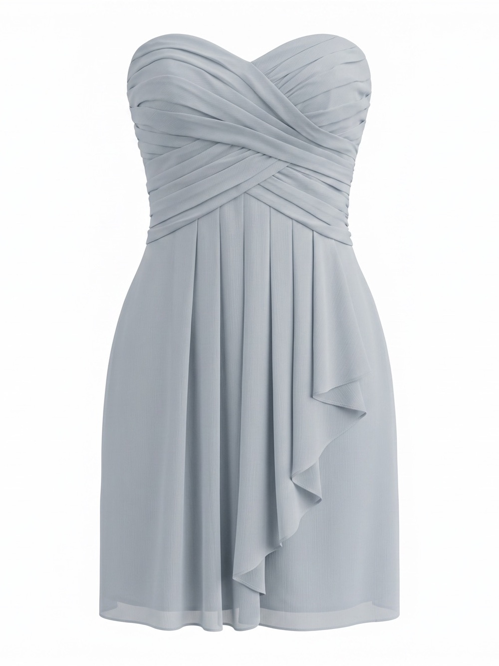 David's Bridal Pewter Gray Crinkle Chiffon Strapless Cascade Dress | 8